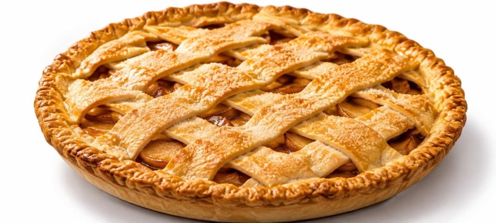 Grilled apple pie in a pan on a white background.
