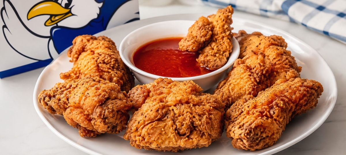 Mumbo sauce in a bowl alongside fried chicken and a chicken box