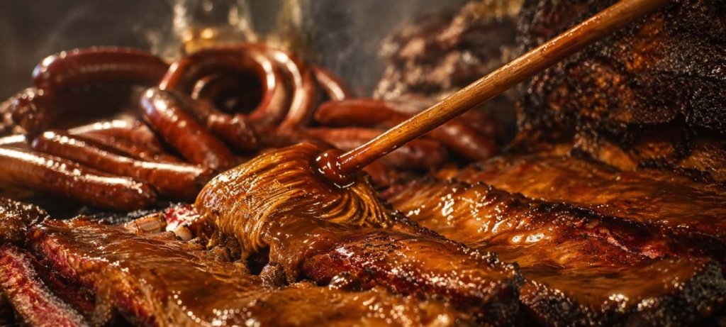 BBQ meat being brushed with a Texas BBQ sauce using a mop-style brush