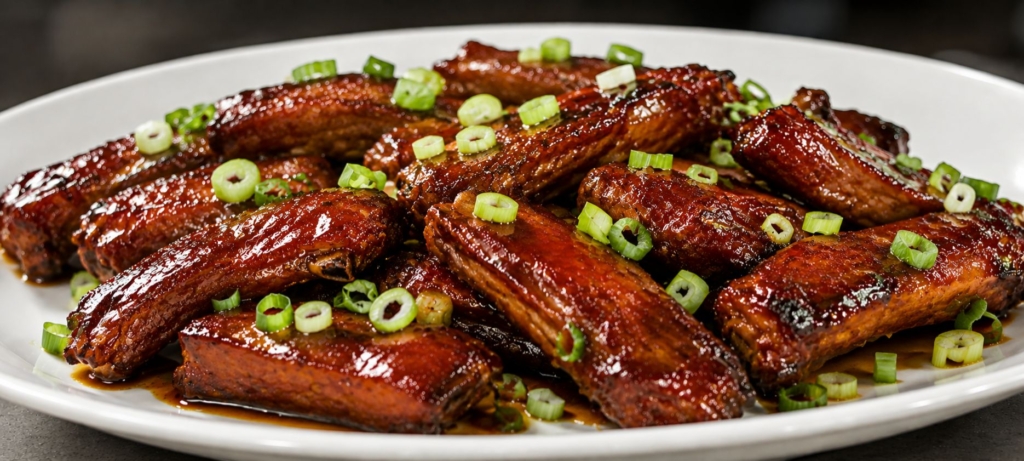 Plate of sauced pork riblets topped with sliced scallions.