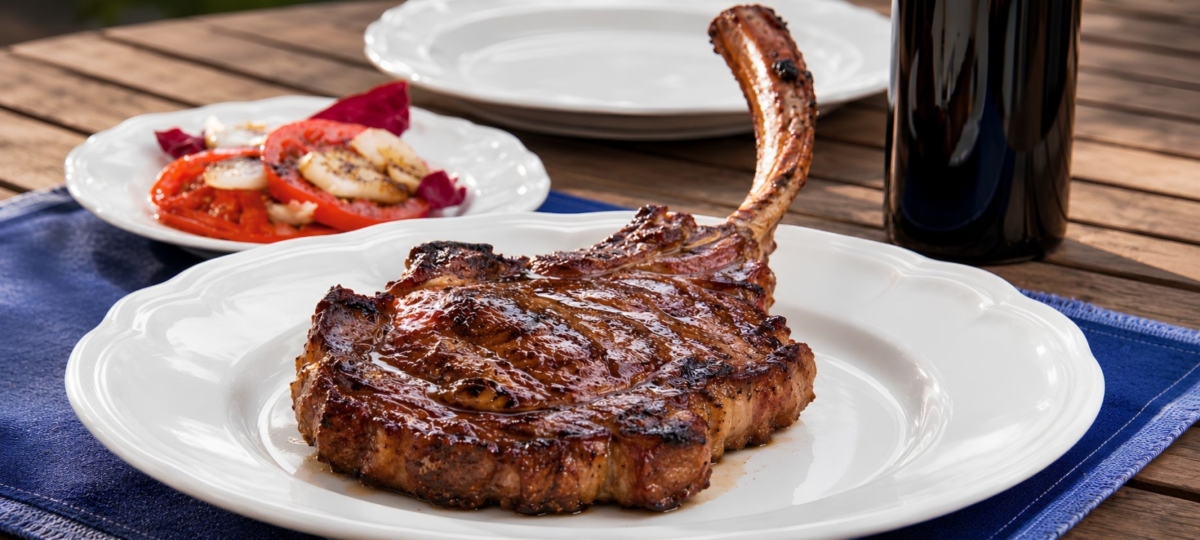 Grilled tomahawk ribeye steak on a white plate with a bottle of wine and plate of tomatoes