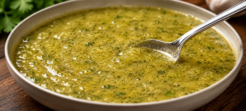 A spoon inserted into a pale green sauce in a bowl.