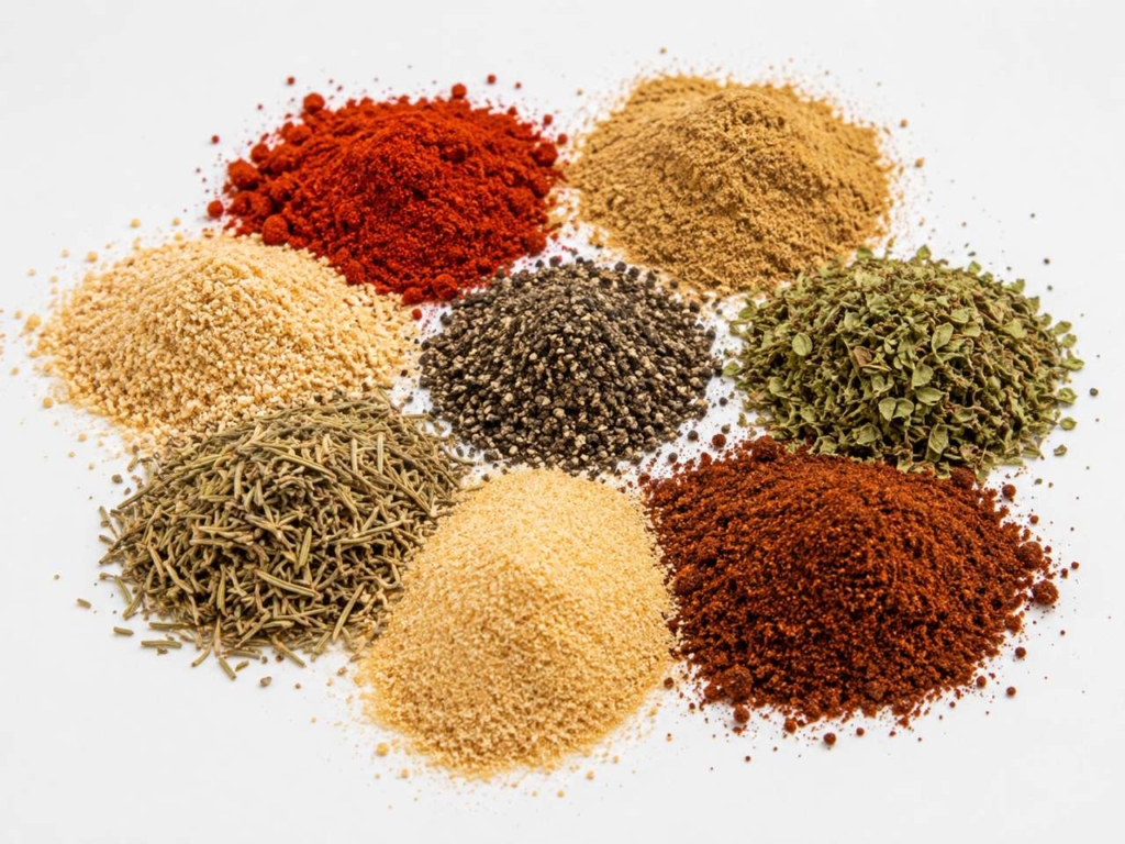 BBQ dry rub ingredients on a white background