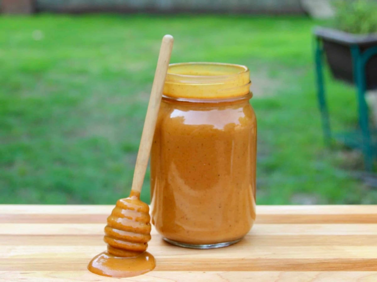 mustard BBQ sauce in a jar.