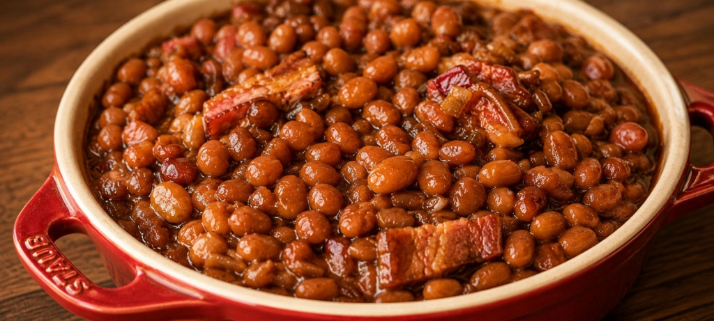 Boston baked beans with bacon in a red dutch oven.