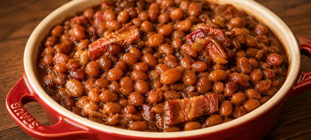 Boston baked beans with bacon in a red dutch oven.