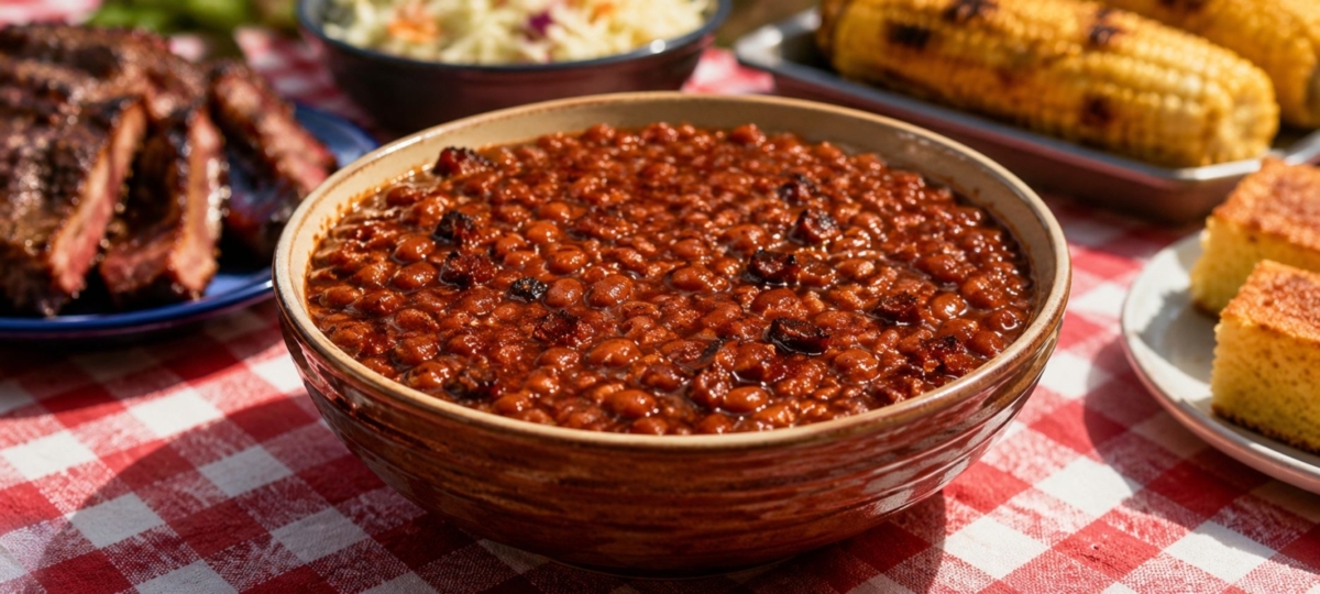 Boston BBQ baked beans in a bowl alongside other food.
