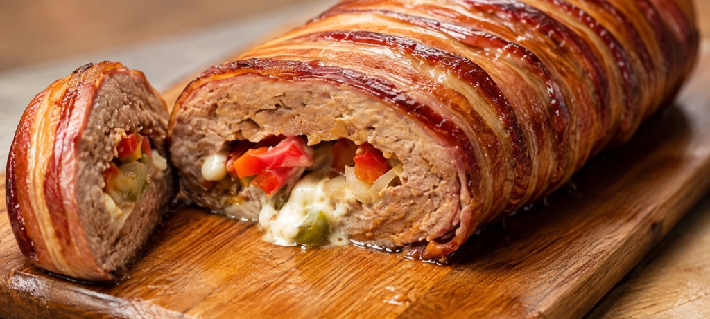 Sliced stuffed bacon wrapped sausage on wooden cuttingboard.