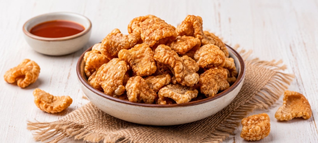 Pork cracklins in a round bowl on a white table with a small bowl of hot sauce