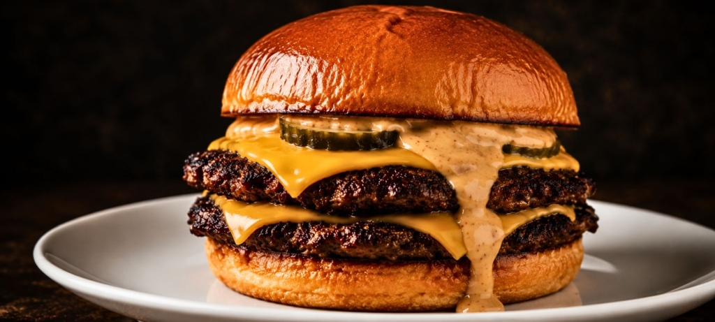 A plated double smash burger with cheese and pickles.