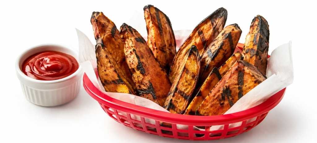 Grilled sweet potato fries in a red plastic fries basket and a side dish of ketchup.