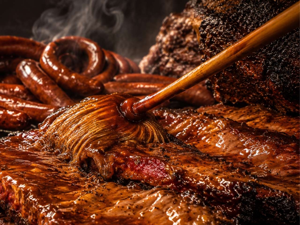 Meat being basted with a mop style brush.