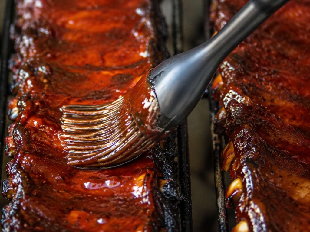 Racks of ribs being basted with a brush