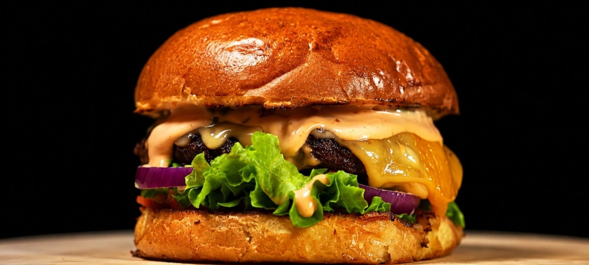Burger with Big Mac Sauce and lettuce on bun on wooden board.