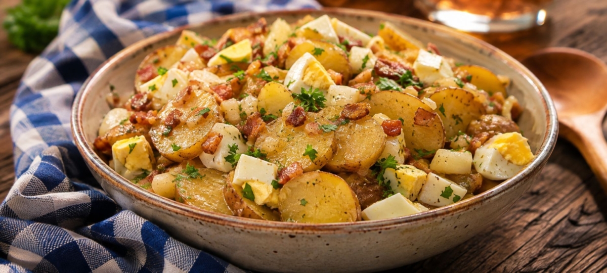 Large bowl of German potato salad next to blue and white checked napkin and wooden spoon.