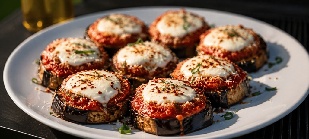Discs of eggplant topped with tomato sauce and mozzarella.