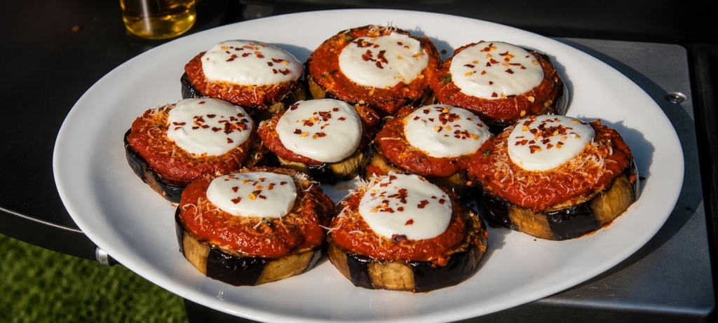 Discs of eggplant topped with tomato sauce and mozarella