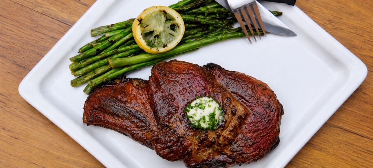 Sous vide and seared ribeye stead on a plate with asparagus