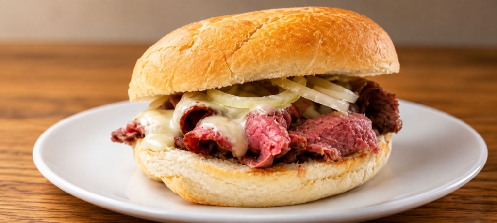 Pit roast beef sandwich on a white plate.