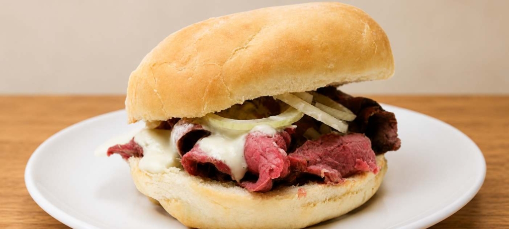 Pit roast beef sandwich on a white plate