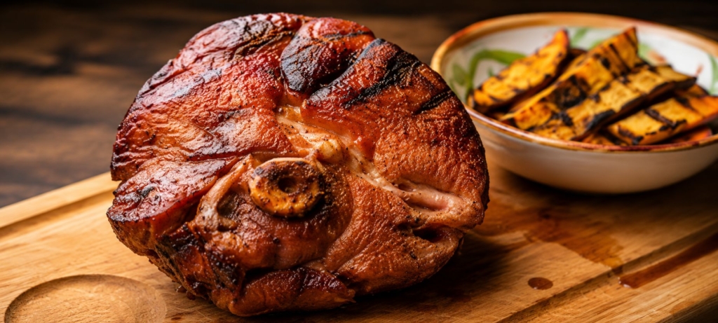 Double smoked ham on a cutting board with grilled sweet potato wedges in a bowl.
