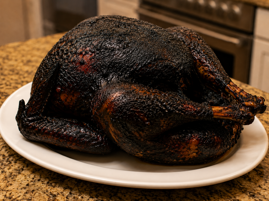 Burnt turkey on a white platter