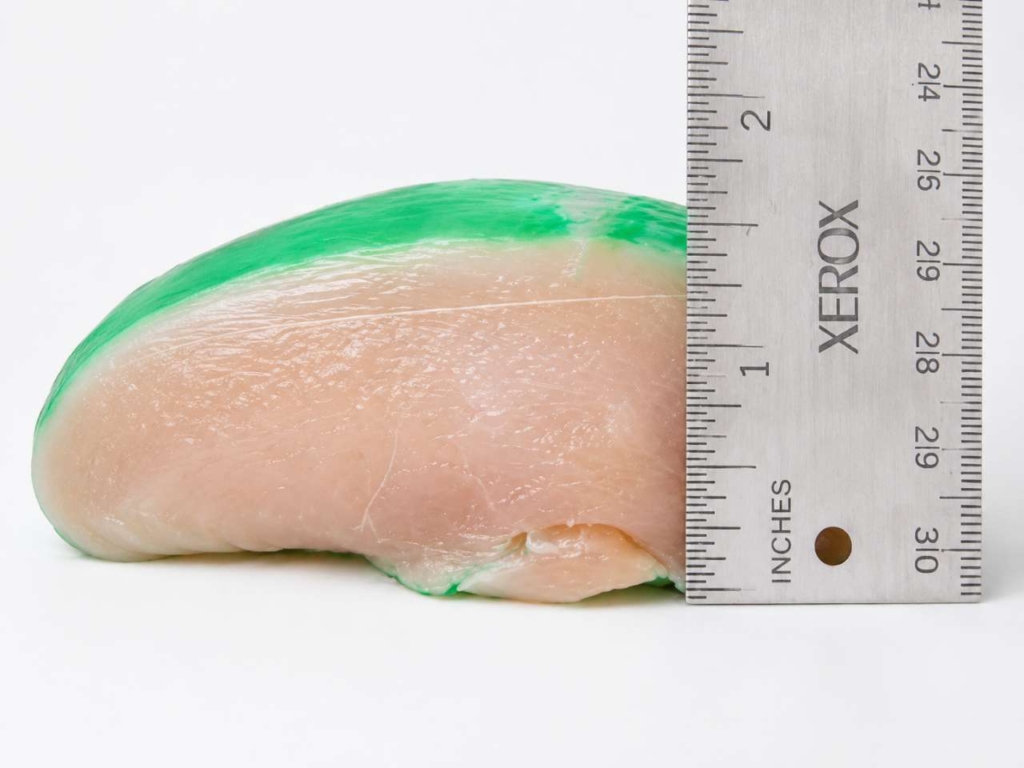 Chicken breast with green dye showing penetration of marinades