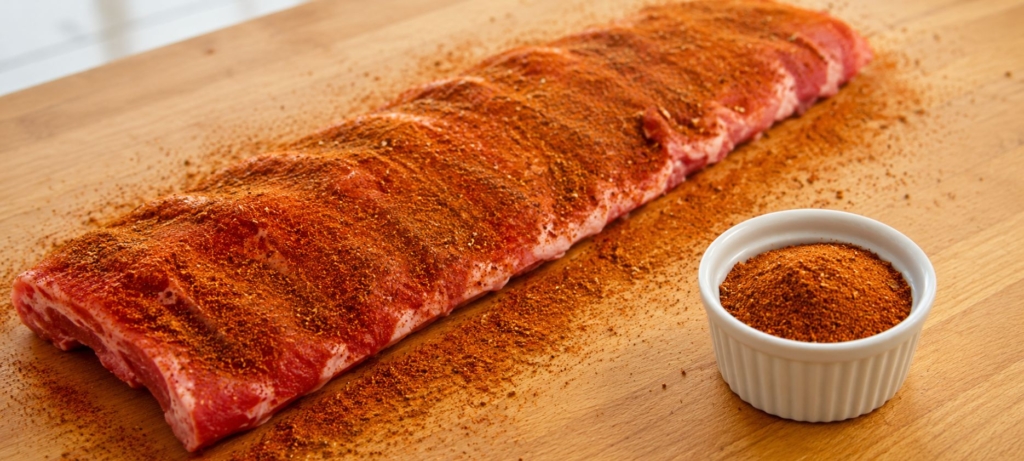 A rack of pork ribs coated with Memphis dry rub and a white bowl of the dry rub.