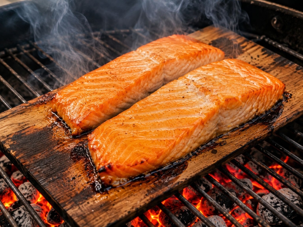 Two salmon filets cooking on a wooden plank on a grill.