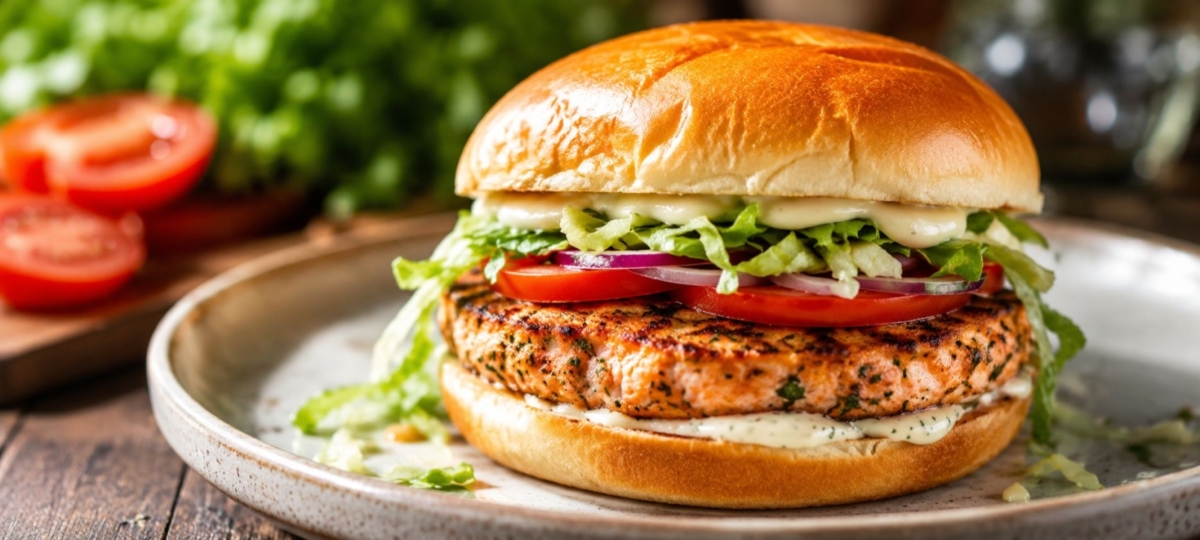 Grilled ground salmon burger with lettuce and tomatoes on a bun.