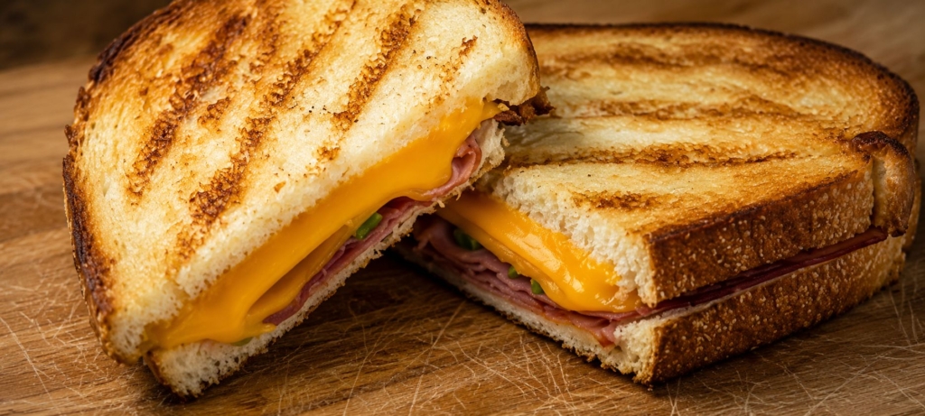 Grilled cheese sandwich cut in half