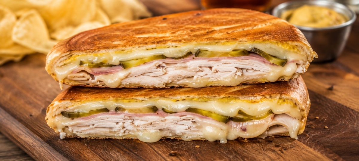 Grilled and halved turkey Cuban sandwich with potato chips.