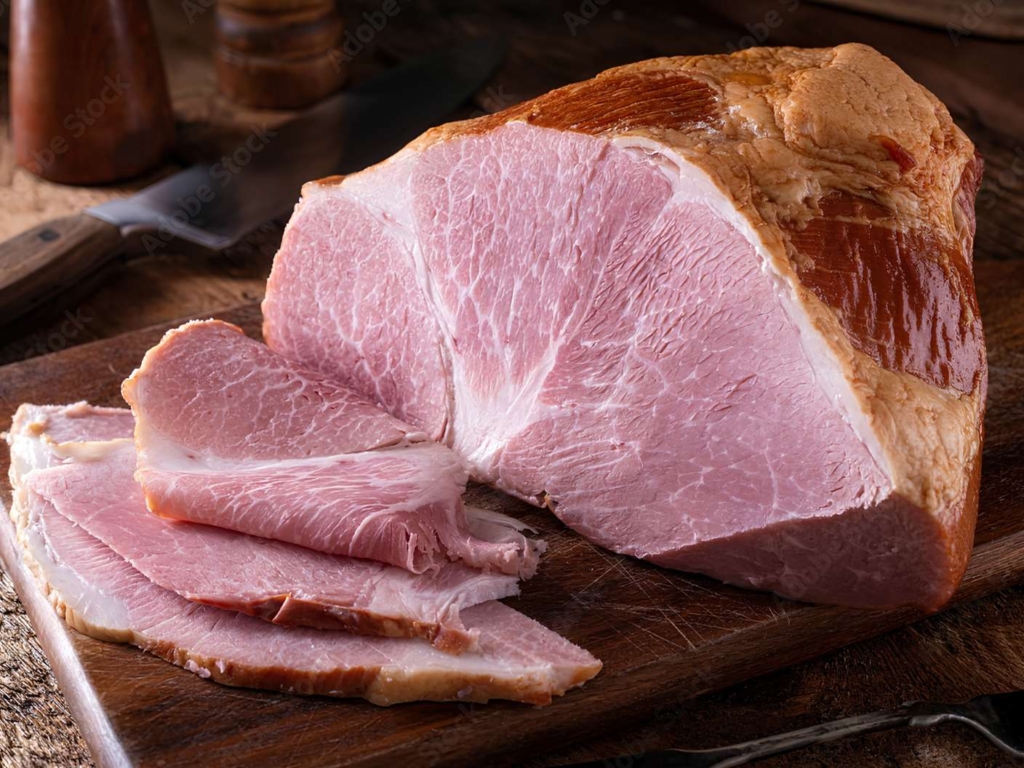 Cured and smoked ham sliced on a cutting board
