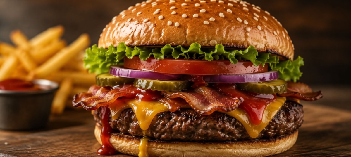 Steakburger with bacon, cheese and vegetables with fries in the background