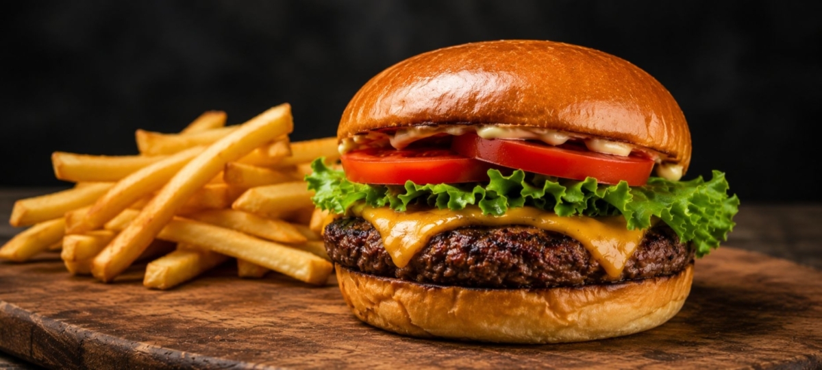 Cheeseburger and fries on wooden board.