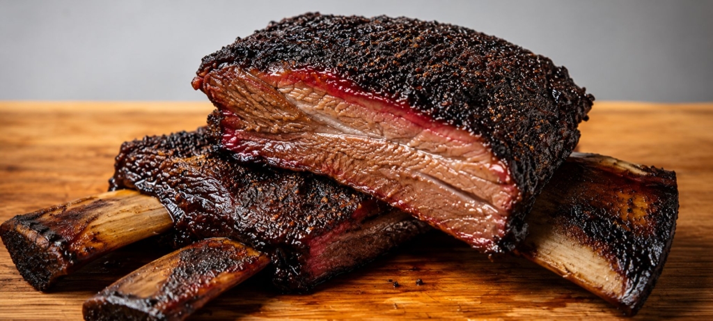 Smoked beef ribs on a wooden cutting board.