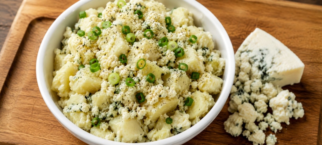 Potato salad with crumbled blue cheese and sliced scallions in a bowl alongside a block of blue cheese.