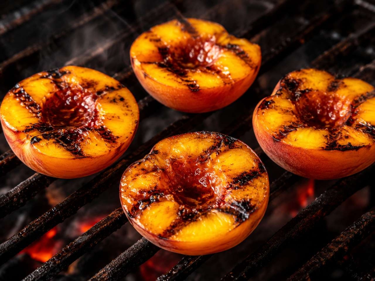 Four grilled peach halves on a grill grate as an example of summer grilling.
