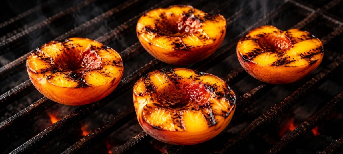 Four grilled peach halves on a grill grate as an example of summer grilling.