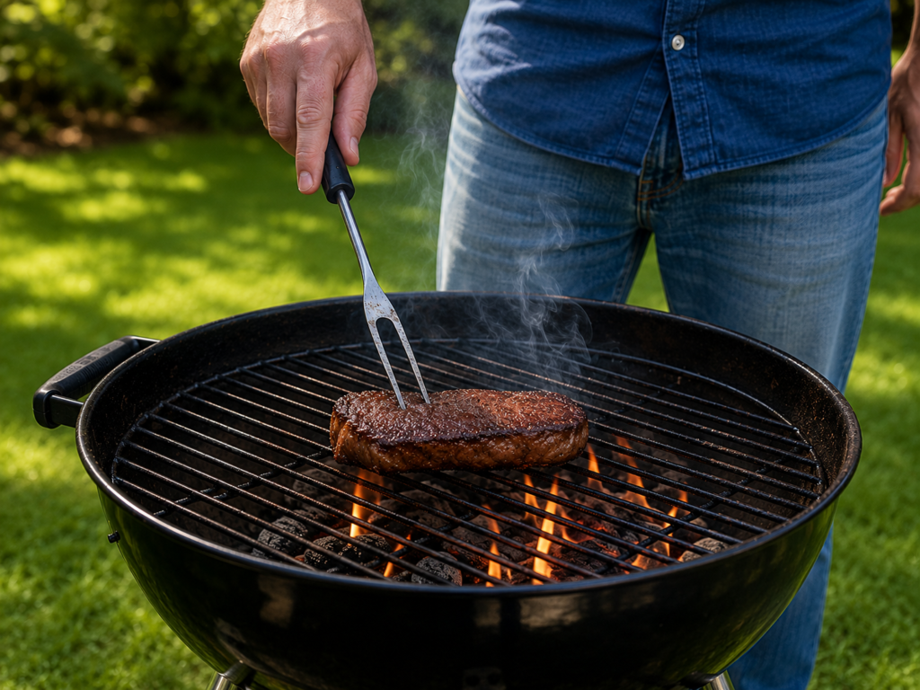 Man poking a steak on a grill with a grilling fork