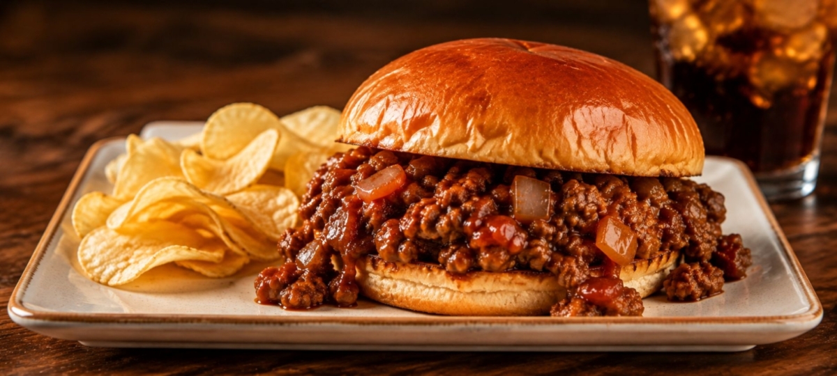 Sloppy Joe sandwich with potato chips.