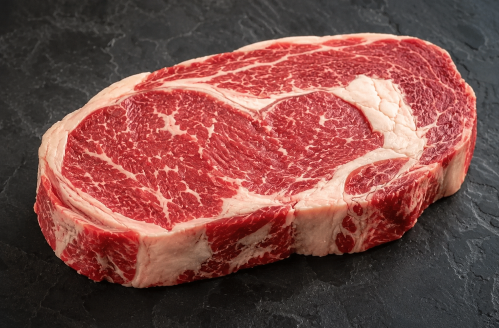 Uncooked ribeye steak on black surface