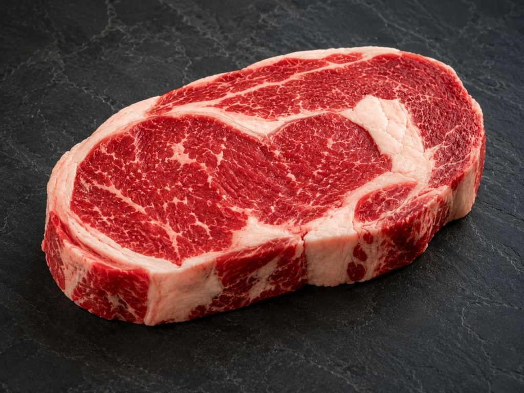 Uncooked ribeye steak on black surface