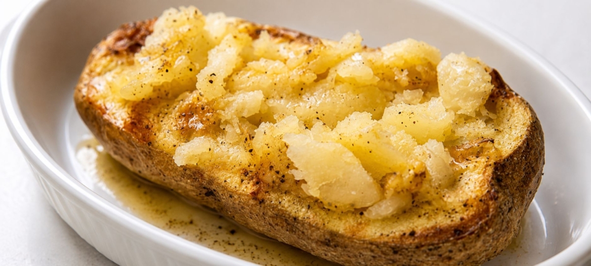 Half of a grilled baked potato in a white dish with melted butter