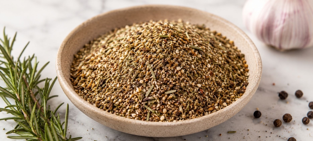 Lamb dry rub in a wooden bowl with a sprig of rosemark, garlic bulb, and peppercorns surrounding the bowl.
