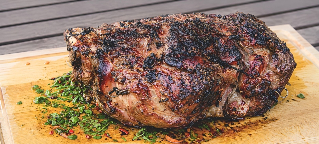 grilled leg of lamb seasoned with Dolly's lamb dry rub.