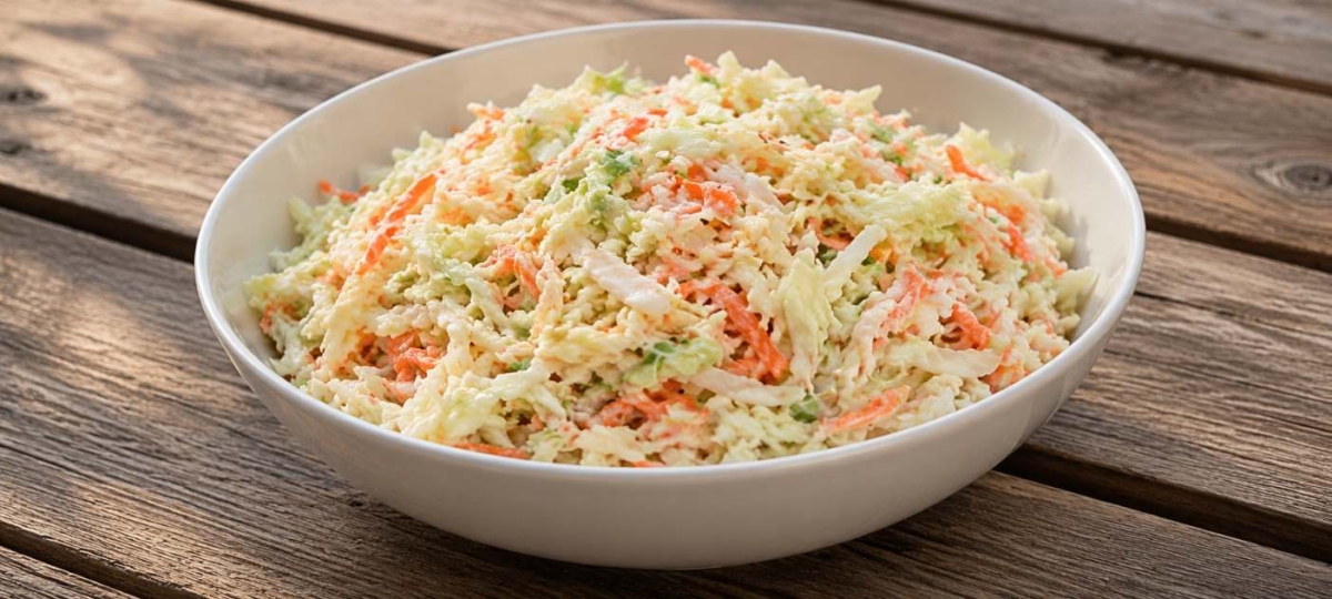 White bowl full of coleslaw featuring grated cabbage and carrots