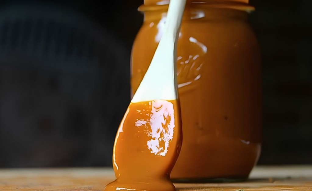 Jar of mustard BBQ sauce with spoon resting on the side
