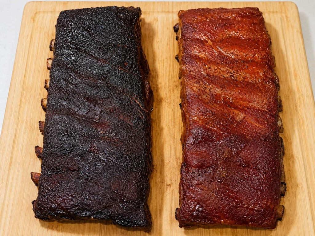 Two racks of ribs with one darker rack on the left side