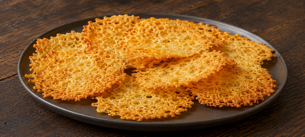 golden fried cheese crisp on a plate.